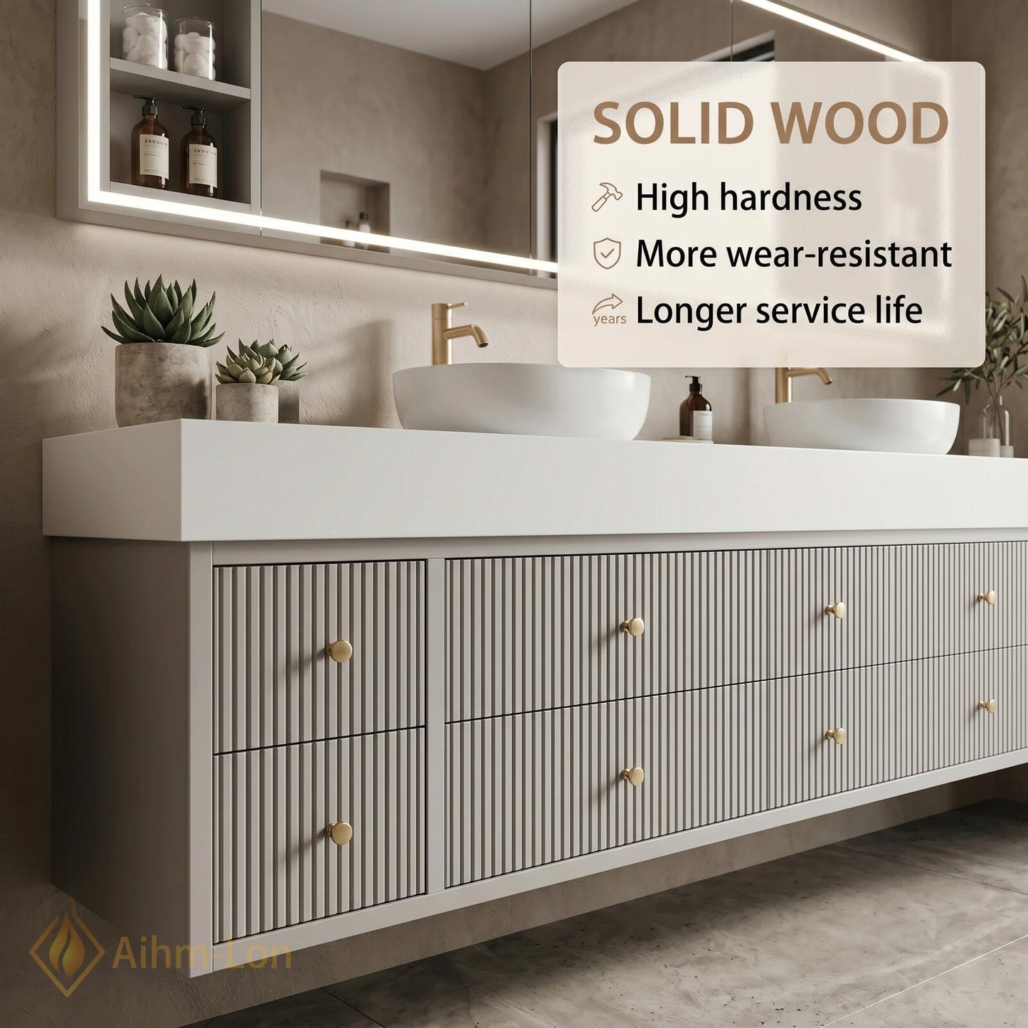 70''-96'' Double Bathroom Vanity with Sink Modern Floating Ribbed Drawers White Finish