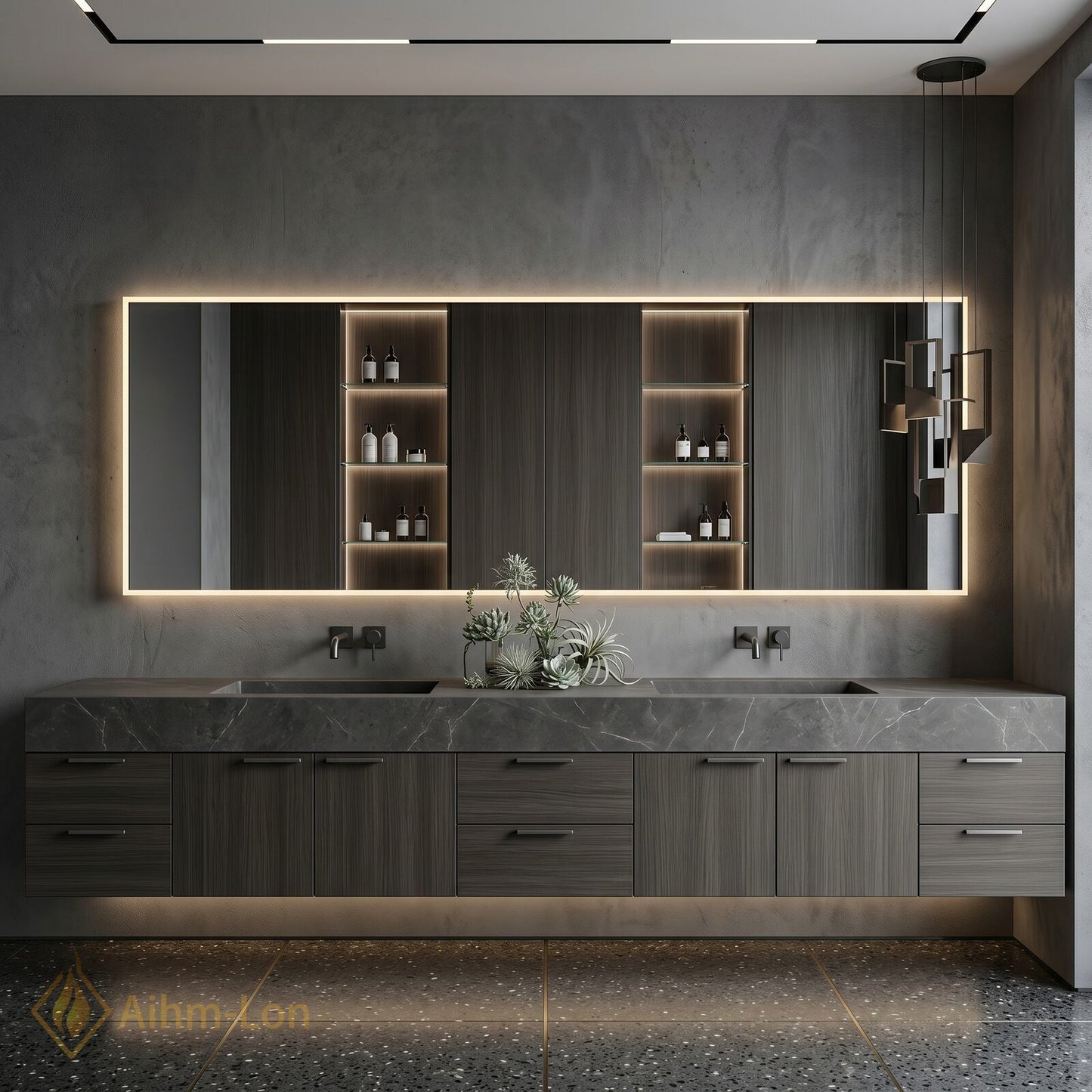 78''-96'' Double Bathroom Vanity with Sink Grey-Marble Grey Floating Wood-Grain Frame Dark