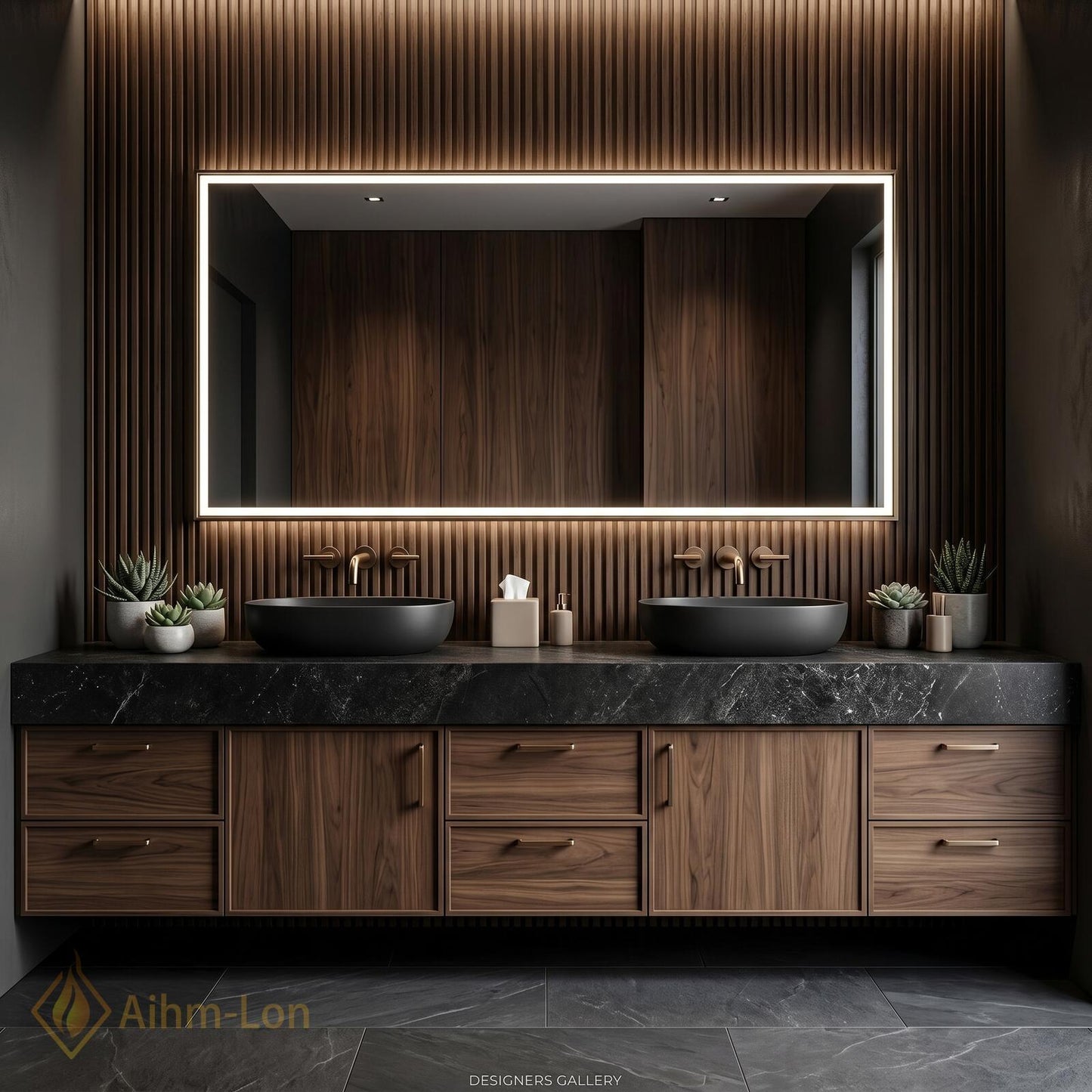 70''-96'' Double Bathroom Vanity with Sink Wood Walnut Modern Slatted Back Rich