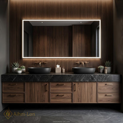 70''-96'' Double Bathroom Vanity with Sink Wood Walnut Modern Slatted Back Rich