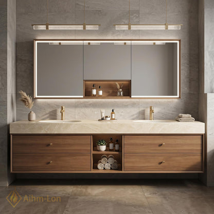 60''-96'' Double Bathroom Vanity with Sink Wall-Mounted Natural Wood Grain Finish Shelving