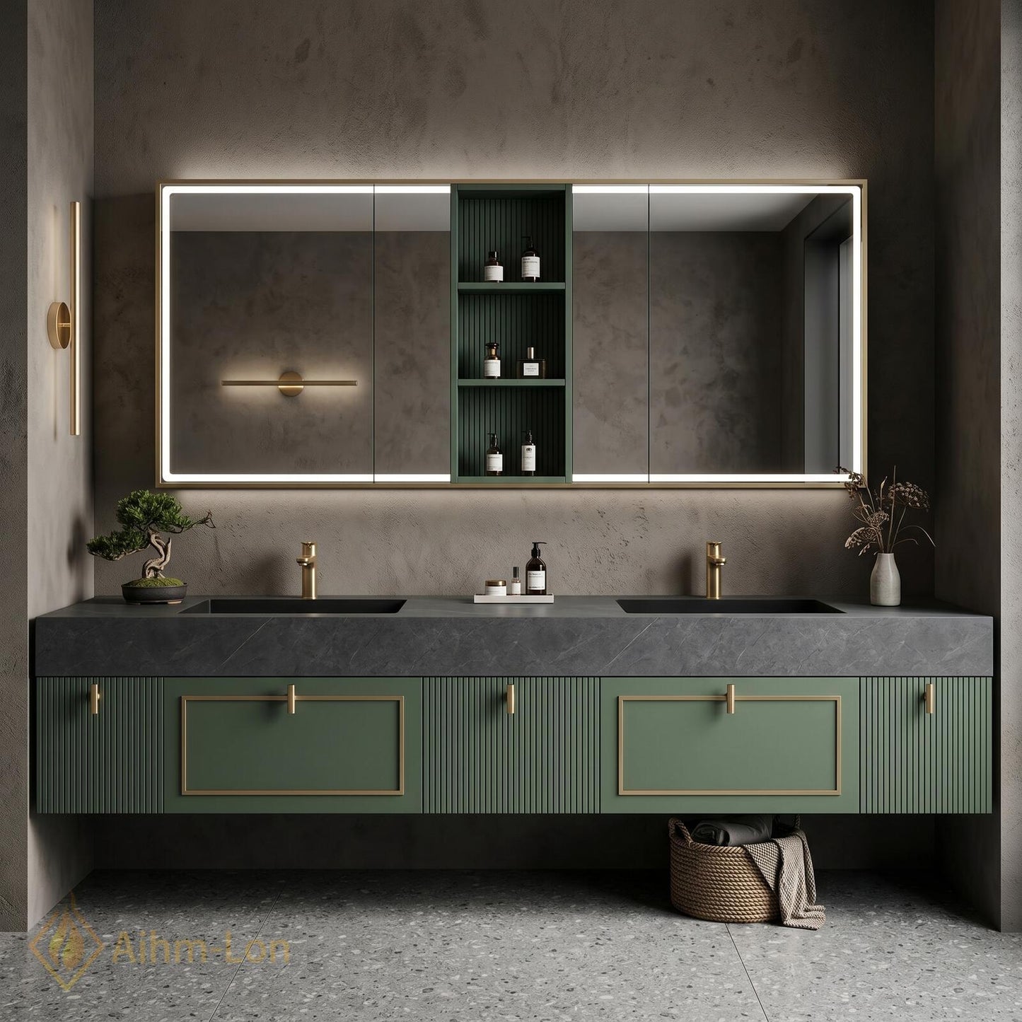 70''-96'' Modern Floating Double Bathroom Vanity with Sink Soft Green Slatted Panels
