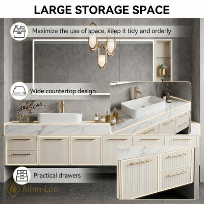 60''-96'' Double Bathroom Vanity with Sink Modern Floating Marble Look Paneled Doors