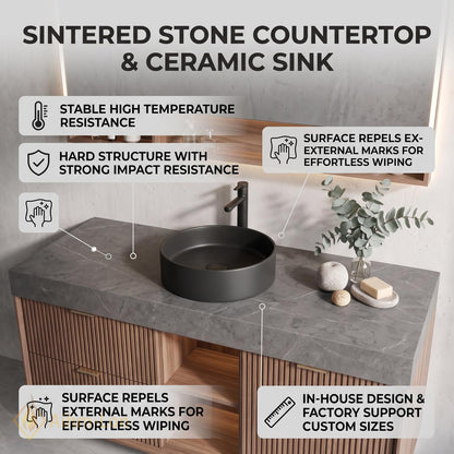 36''-110'' Floating Bathroom Vanity with Sink Slatted Front Grey Top Wood Drawers