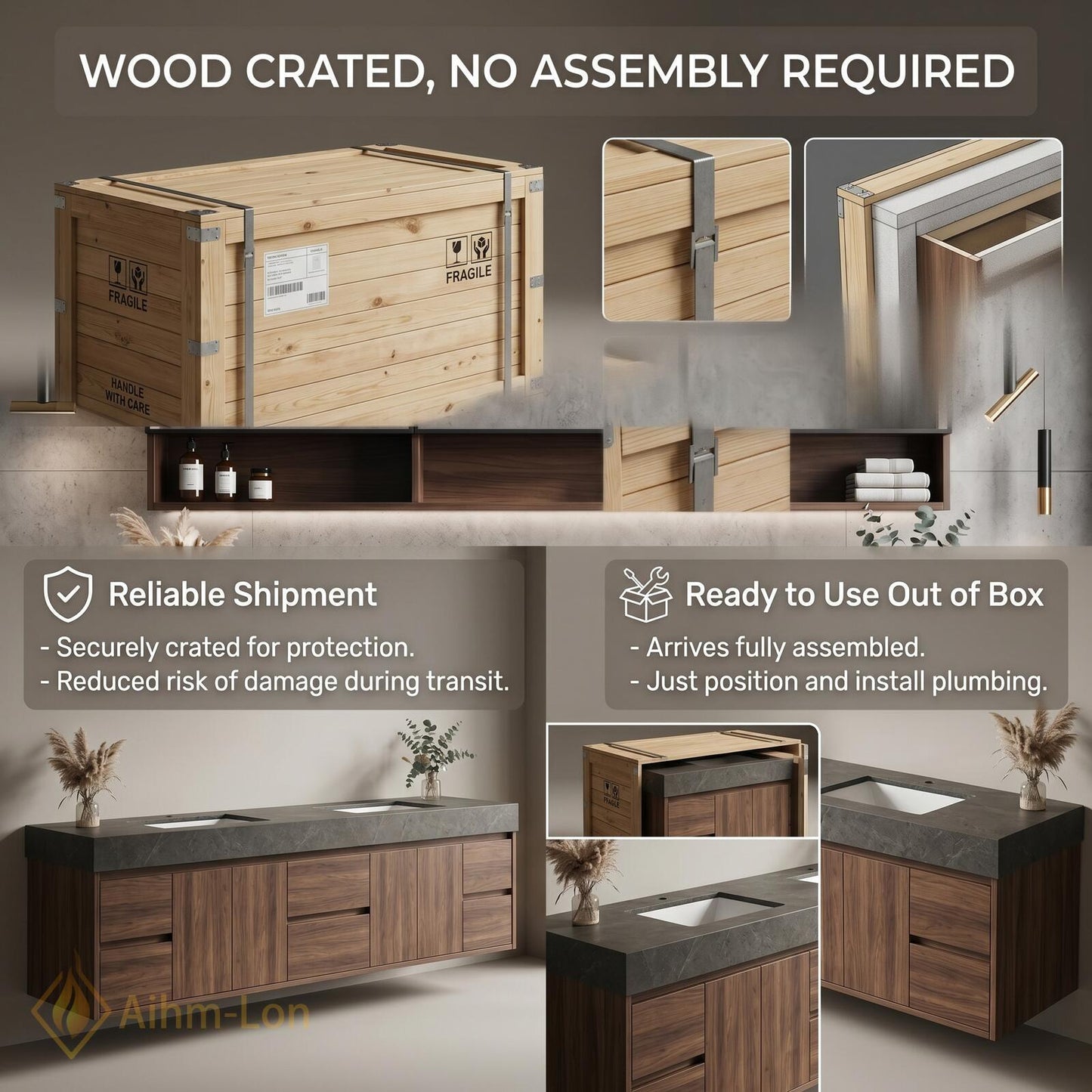 60''-96'' Double Bathroom Vanity with Sink Modern Floating Walnut Wood Grain Finish