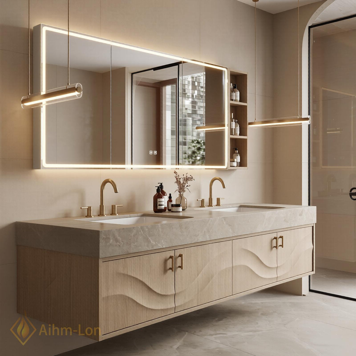 60''-96'' Double Bathroom Vanity with Sink Sculpted Wave Light Wood Grain Spacious