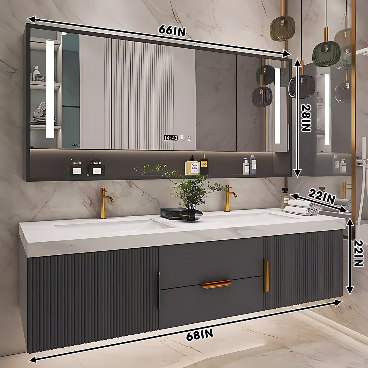 56"-96"Modern Bathroom Vanity with Sink Includes Gray Striped Storage Cabinet