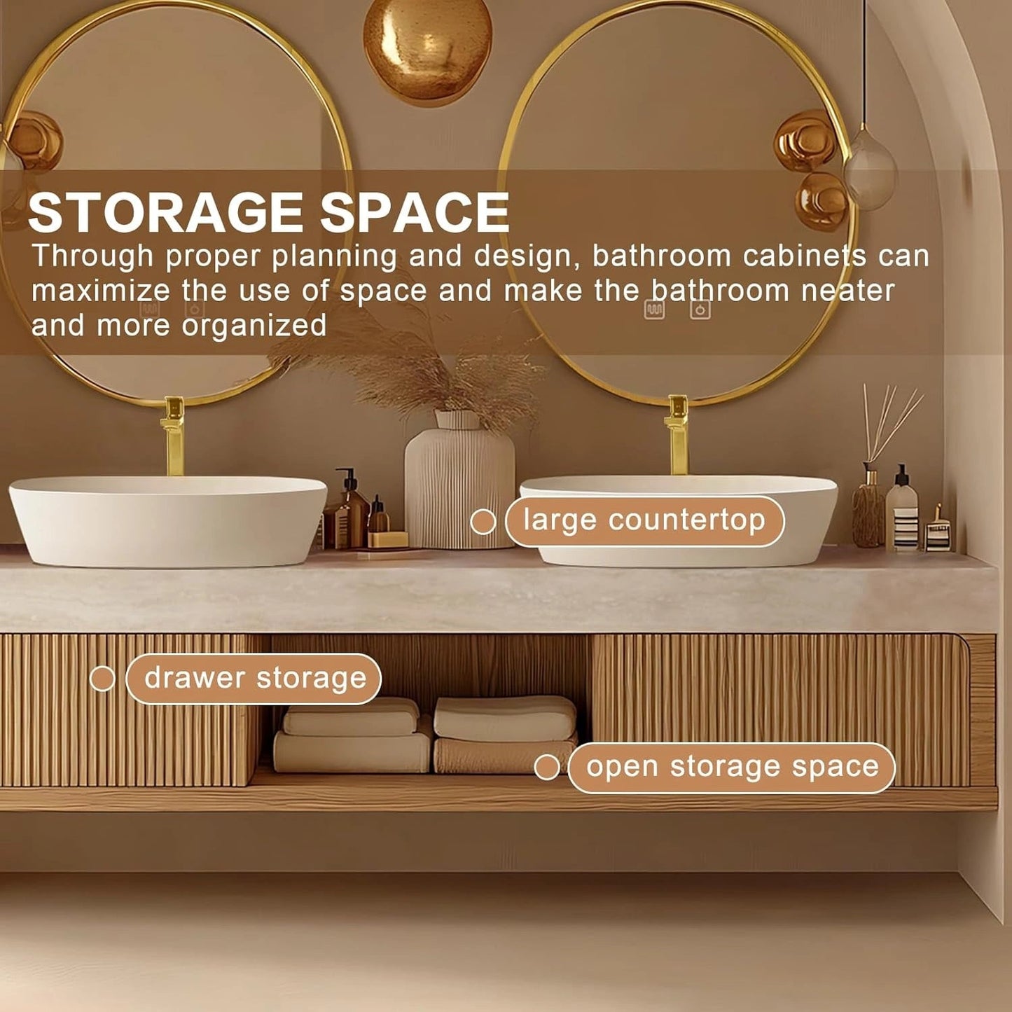 60"-96"Floating Bathroom Vanity with Double Sinks Includes Round Mirror