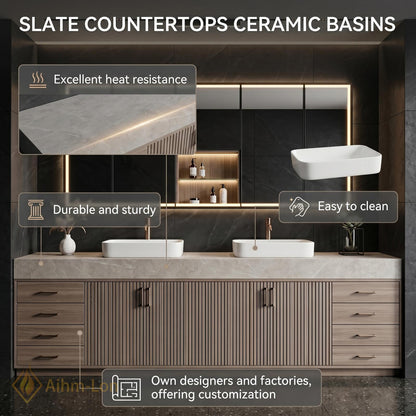 72''-96'' Double Bathroom Vanity with Sink Light-Wood Modern Slatted Doors Storage