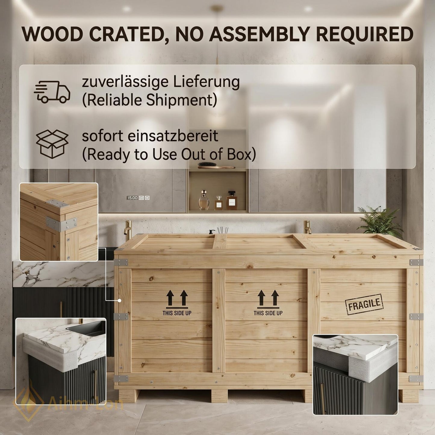70''-96'' Double Bathroom Vanity with Sink Modern Floating Dark Grey Fluted Panels