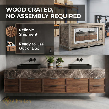 60''-96'' Double Bathroom Vanity with Sink Dark Walnut Grain Floating Open Shelving