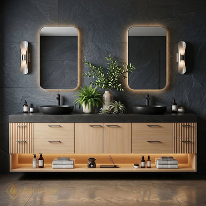 78''-96'' Double Bathroom Vanity with Sink Light Wood Finish Slatted Side Panels