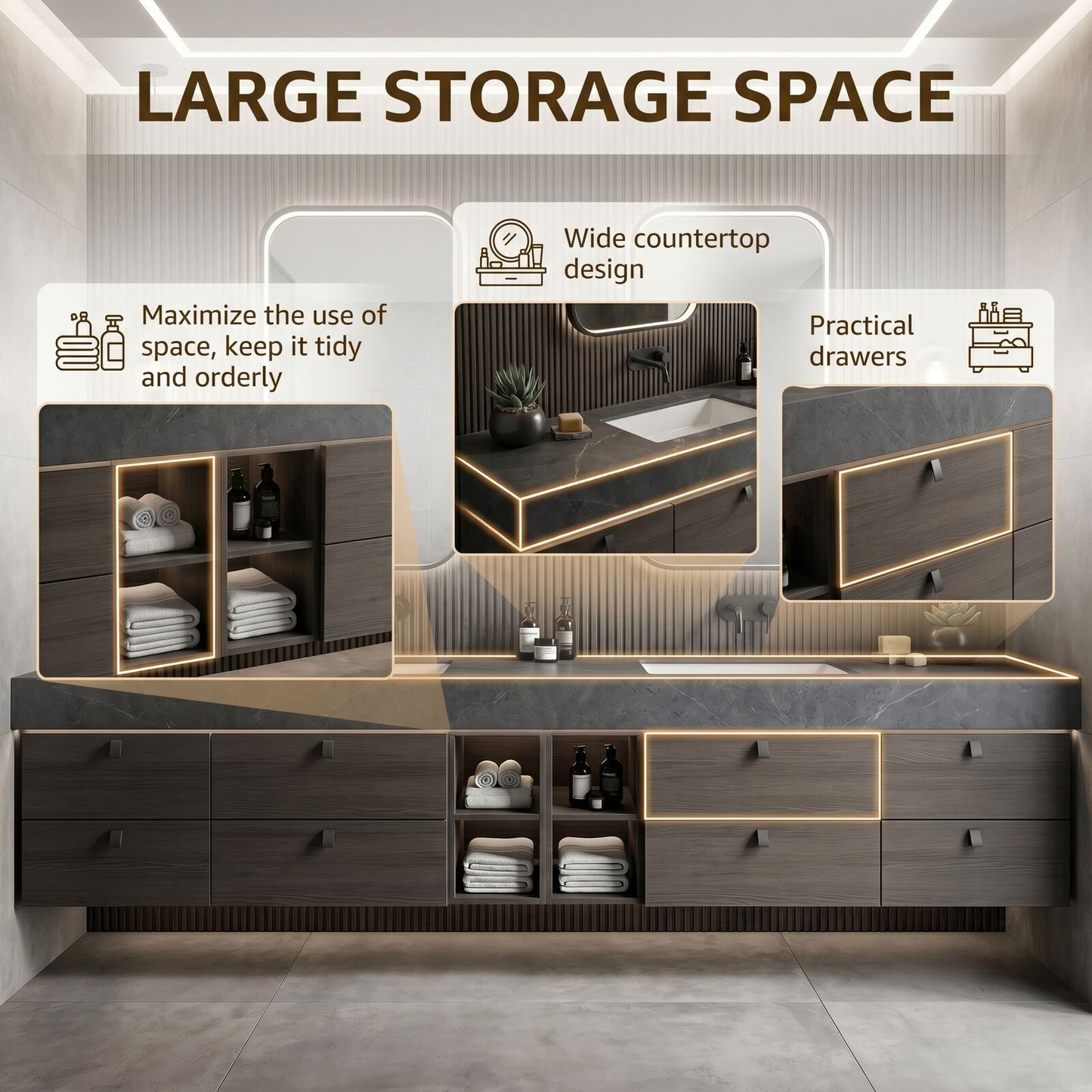 70''-96'' Modern Bathroom Vanity with Sink Dark Gray Top Rectangular Basin Cabinet