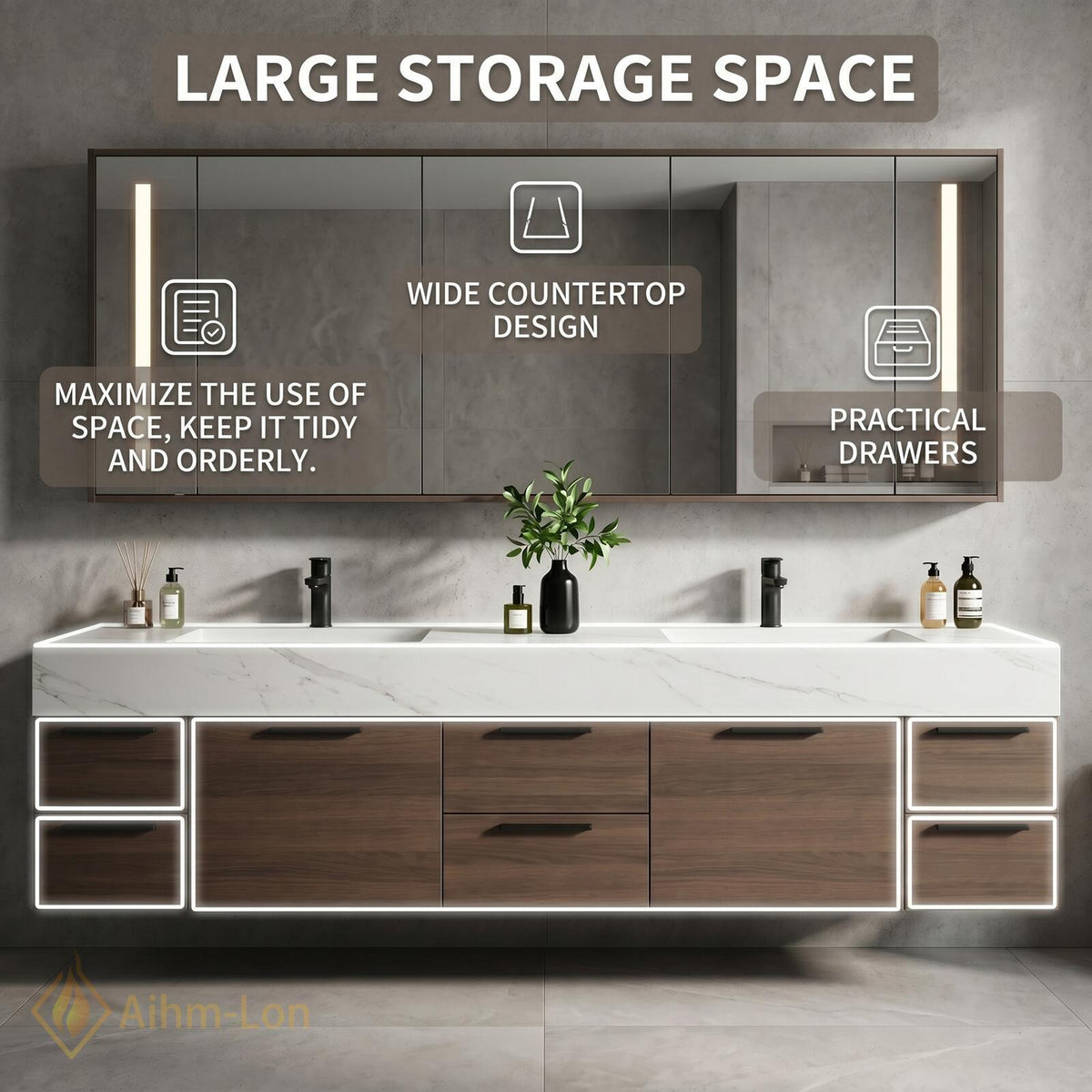 60''-96'' Double Bathroom Vanity with Sink Floating White Marble Dark Wood Drawers