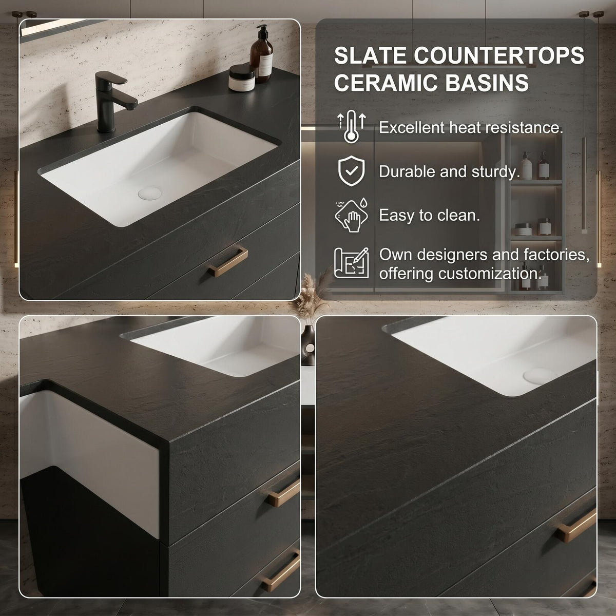 60''-96'' Double Bathroom Vanity with Sink Modern Floating Textured Grey Finish Spacious Mirror