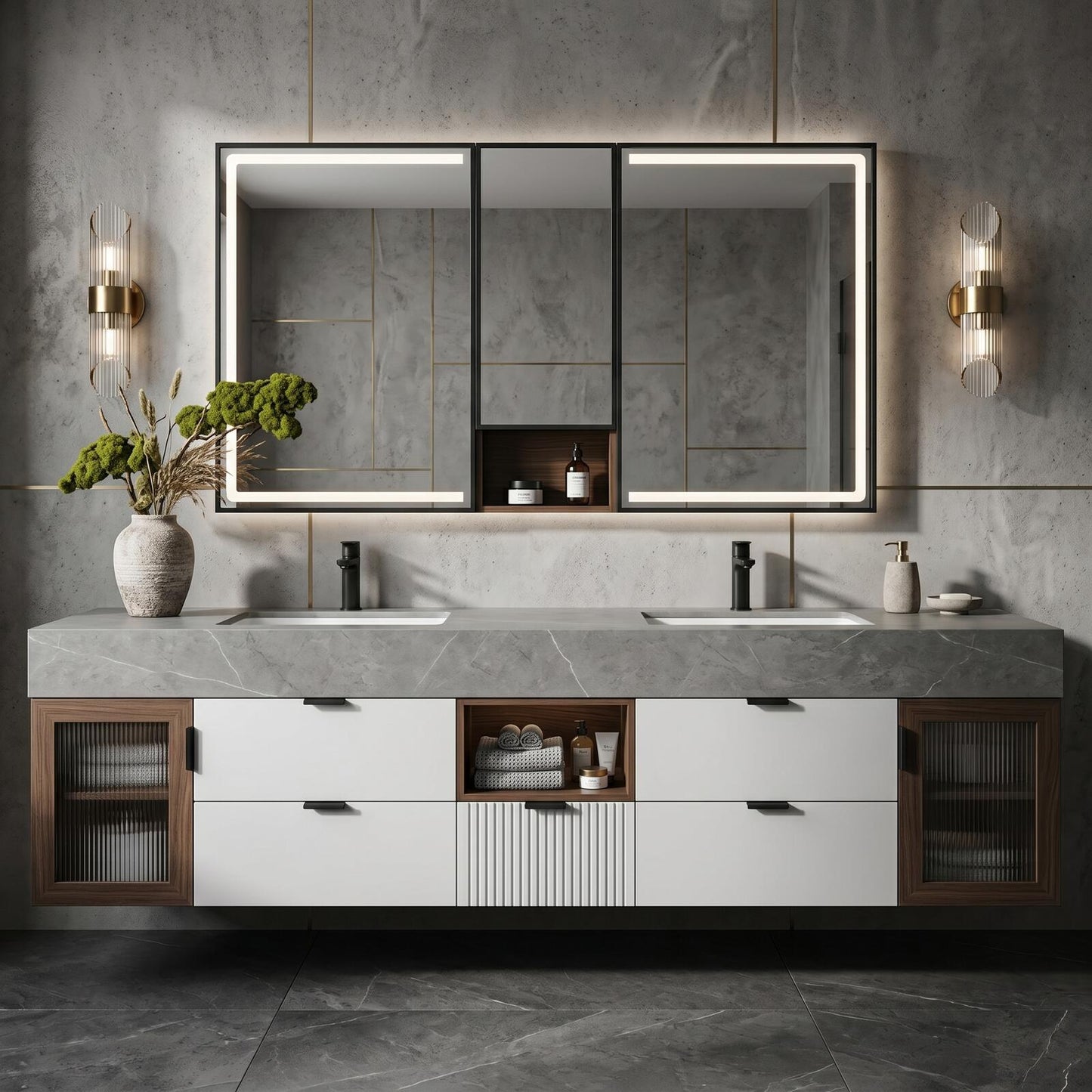 60''-96'' Modern Bathroom Vanity with Sink Double Sink Grey Stone Top Veneer Doors Cabinet