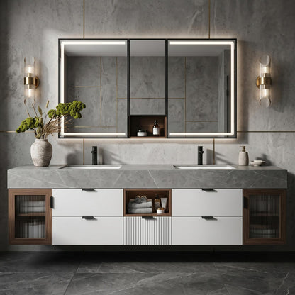 60''-96'' Modern Bathroom Vanity with Sink Double Sink Grey Stone Top Veneer Doors Cabinet