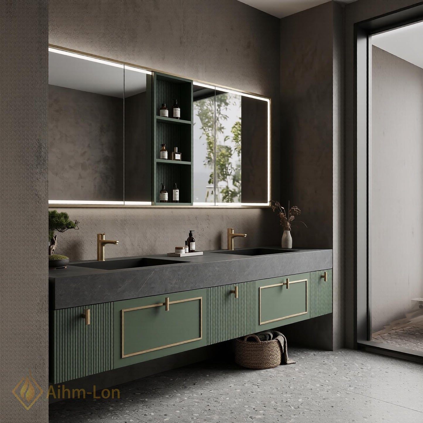 70''-96'' Modern Floating Double Bathroom Vanity with Sink Soft Green Slatted Panels