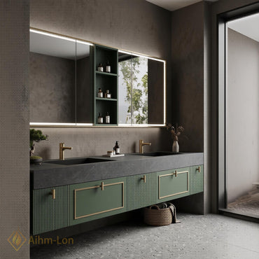70''-96'' Modern Floating Double Bathroom Vanity with Sink Soft Green Slatted Panels