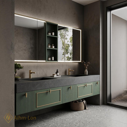 70''-96'' Modern Floating Double Bathroom Vanity with Sink Soft Green Slatted Panels