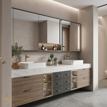 72''-96'' Double Bathroom Vanity with Sink Warm-Wood Floating Glass Storage Sleek