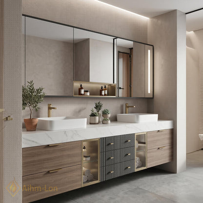 72''-96'' Double Bathroom Vanity with Sink Warm-Wood Floating Glass Storage Sleek