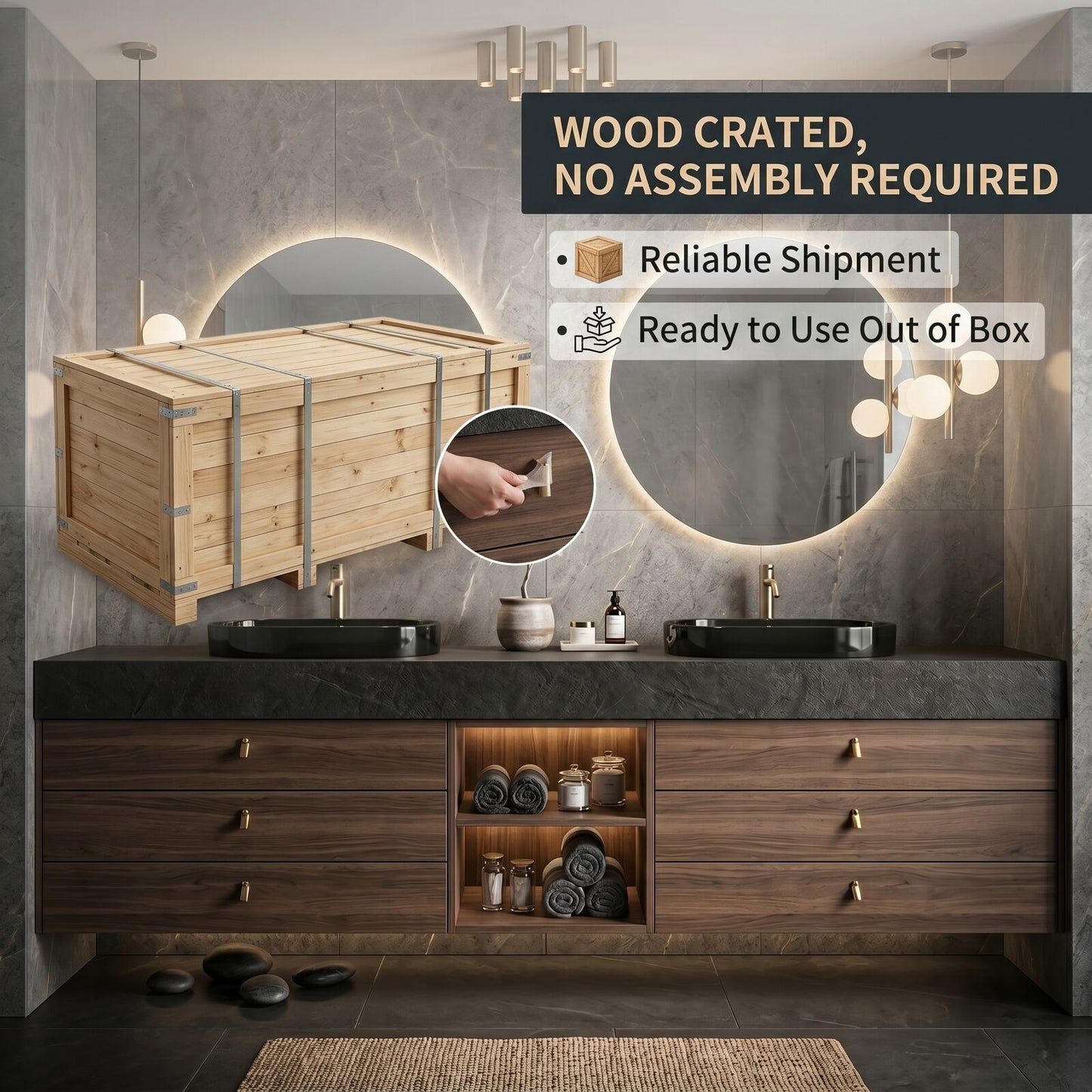 60''-96'' Modern Bathroom Vanity with Sink Double Sink Dark Wood Circular Mirror Open Shelf