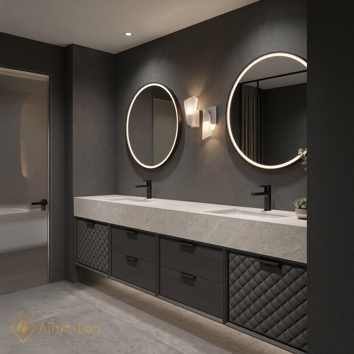 60''-96'' Double Bathroom Vanity with Sink Quartz Top Quilted Dark Cabinet Storage