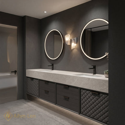 60''-96'' Double Bathroom Vanity with Sink Quartz Top Quilted Dark Cabinet Storage