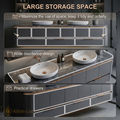 60''-96'' Sleek Bathroom Vanity with Sink Double Sink Dark Grey Glowing Mirrors