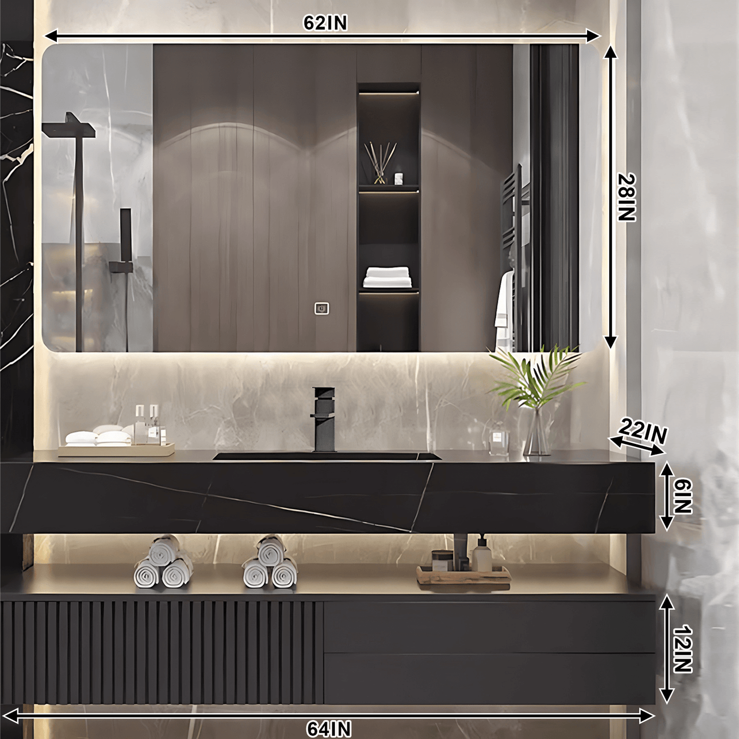 32"- 72" Modern Black Bathroom Vanity Set with Mirror and Single Basin