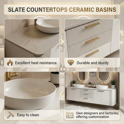 60“-96”Floating Bathroom Vanities with Double Sink (White Vertical Texture)