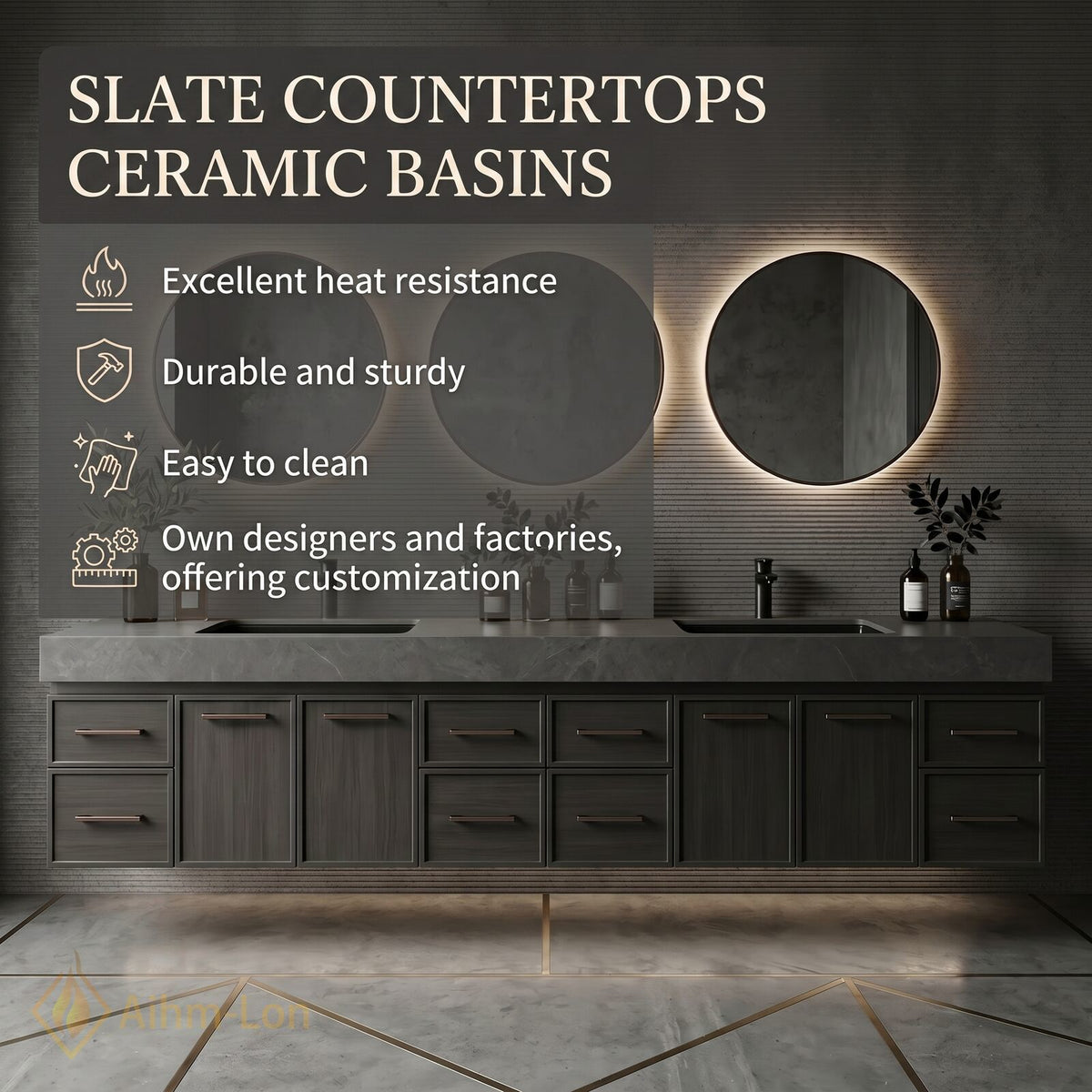 78''-96'' Double Bathroom Vanity with Sink Sleek Dark Grey Finish Drawer Access