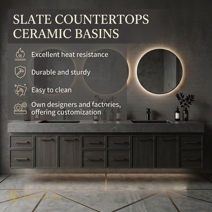 78''-96'' Double Bathroom Vanity with Sink Sleek Dark Grey Finish Drawer Access