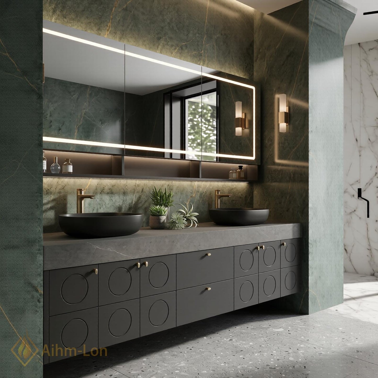 72''-96'' Double Bathroom Vanity with Sink Charcoal Modern Floating Stone Countertop Geometric