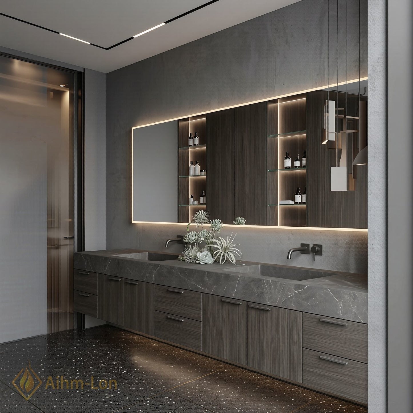 78''-96'' Double Bathroom Vanity with Sink Grey-Marble Grey Floating Wood-Grain Frame Dark