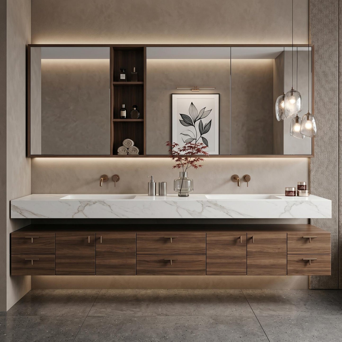 70''-96'' Modern Bathroom Vanity with Sink Floating Dark Walnut Slatted Open Shelving