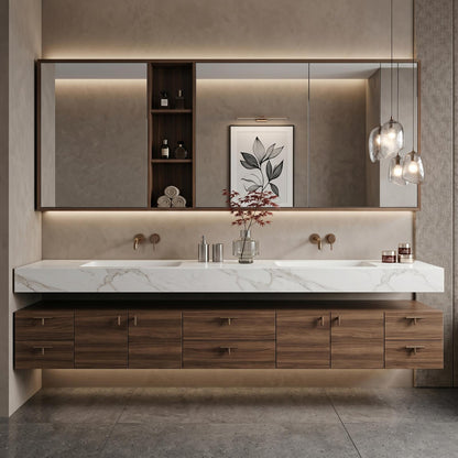 70''-96'' Modern Bathroom Vanity with Sink Floating Dark Walnut Slatted Open Shelving