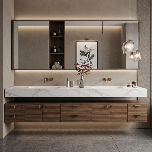 70''-96'' Modern Bathroom Vanity with Sink Floating Dark Walnut Slatted Open Shelving