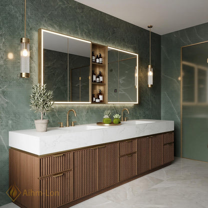 76''-96'' Modern Double Bathroom Vanity with Sink White Marble Slatted Walnut Front