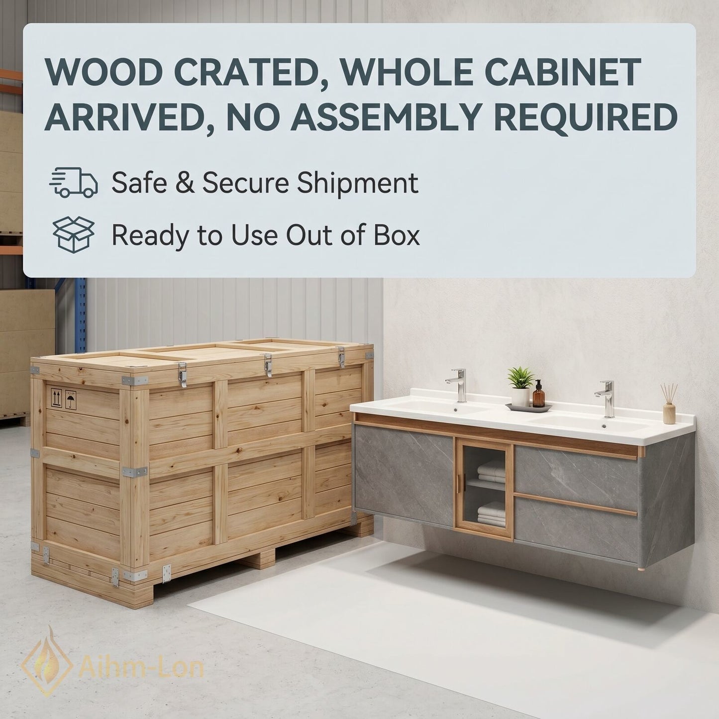 60''-96'' Double Bathroom Vanity with Sink Grey Marble Patterned Natural Wood Grains Cabinet
