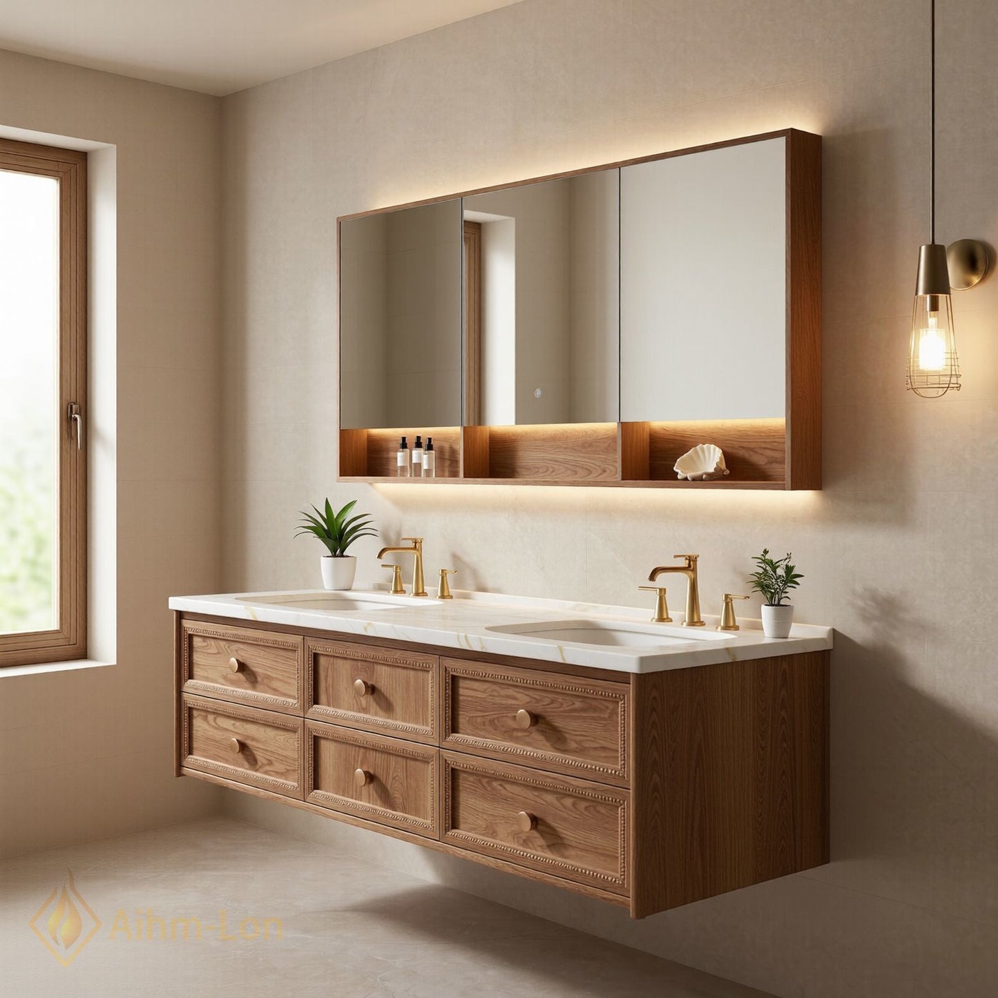 60''-96'' Double Bathroom Vanity with Sink White Marble Top Six Drawers Wall Mounted Mirror