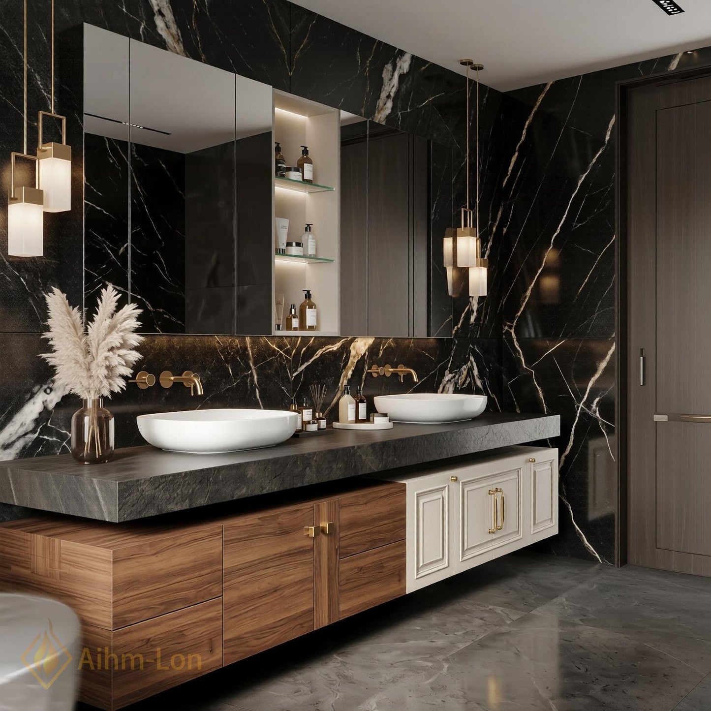 78''-96'' Double Bathroom Vanity with Sink Floating Dual-Tone Wood Stone Top Spacious