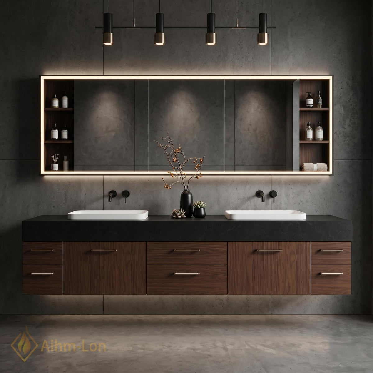 60''-96'' Double Bathroom Vanity with Sink Floating Dark Stone Countertop Wood Grain