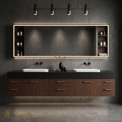 60''-96'' Double Bathroom Vanity with Sink Floating Dark Stone Countertop Wood Grain