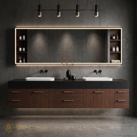 60''-96'' Double Bathroom Vanity with Sink Floating Dark Stone Countertop Wood Grain