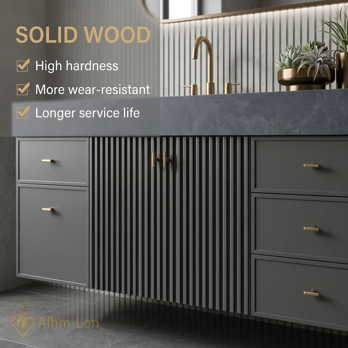 72''-96'' Double Bathroom Vanity with Sink Dark Slatted Finish Dual Drawers Shelving