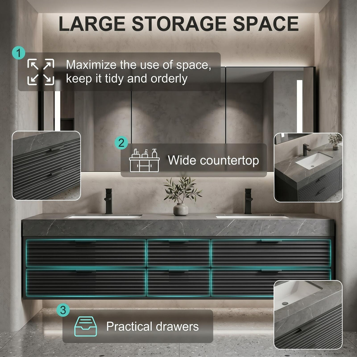 60''-96'' Double Bathroom Vanity with Sink Modern Floating Charcoal Stone Slatted Drawer