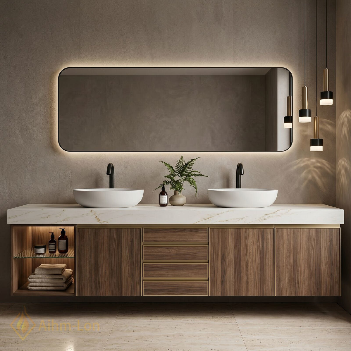 60''-96'' Double Bathroom Vanity with Sink Vessel Basins Walnut Finish Storage