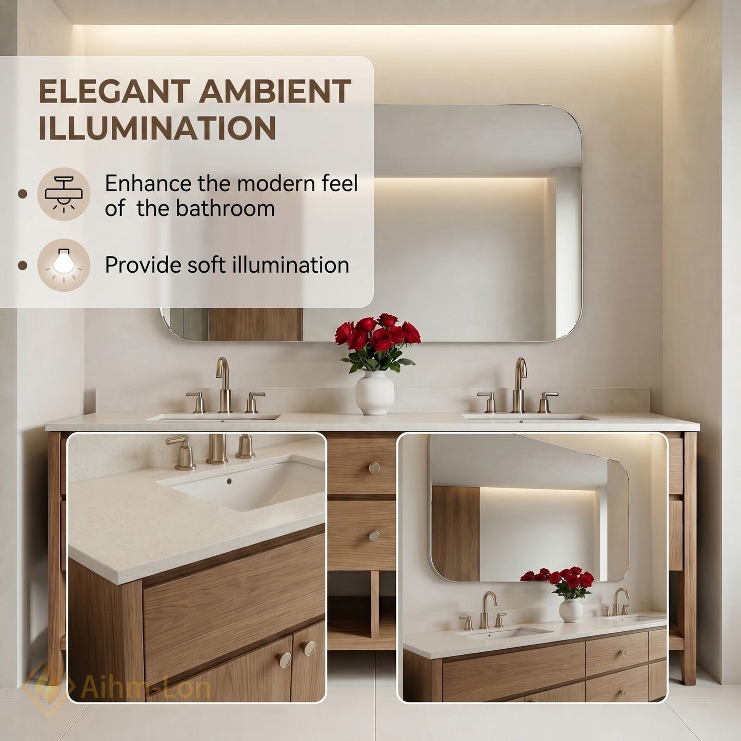 60''-96'' Modern Bathroom Vanity with Sink Woodgrain Open Shelf Base Smart Mirror
